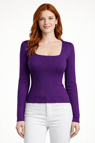 Neden Tekstil Square Neck Ribbed Long Sleeve Knit Sweater