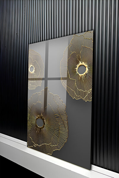 kutuTR Antrasit Zemin Üzerine Altın Varaklı Lineer Çiçek Temperli Cam Tablo 5...