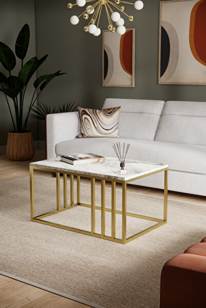 Solto Home SC19-25 Altın Metal Beyaz Mermer Desen Raf Tasarım Orta Sehpa | Mo...