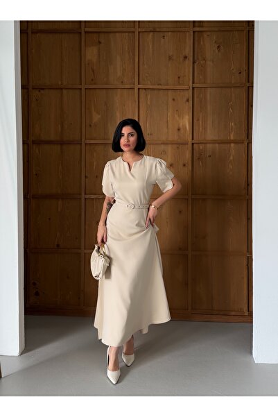 maf collection Rochie de seară lungă, bej, cu decolteu în V, mâneci scurte și...