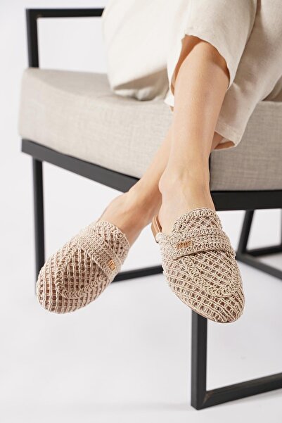 Moda Pie Rikoti Knitwear Knitted Women's Slippers Beige