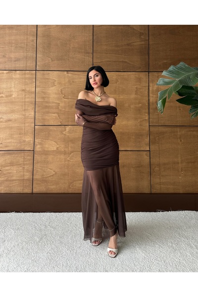maf collection Kadın Kahverengi Madonna Yaka Transparan Tül Detay Abiye Elbise