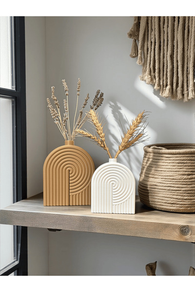 Dumledo Bohem Modern Çizgili Kahve&Beyaz İkili Dekoratif Biblo Vazo