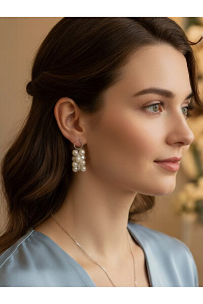 SOSYETEZGAHI White Pearl Detailed Cluster Earrings and Necklace Set - Handmad...