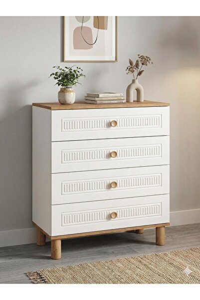 Alıcıoğlu Mobilya Modern Beyaz 4 Çekmeceli Şifonyer – Ahşap Ayaklı