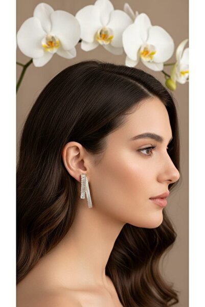 ZENA ACCESSORİES GOLD BAGET TAŞLI BÜKLÜM ÇELİK KÜPE