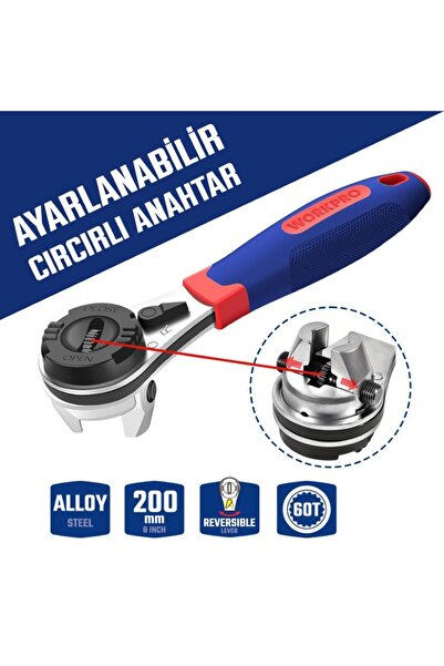 Workpro WP272063 7-22mm CR-V Profesyonel Ayarlanabilir 200mm Cırcır Anahtar