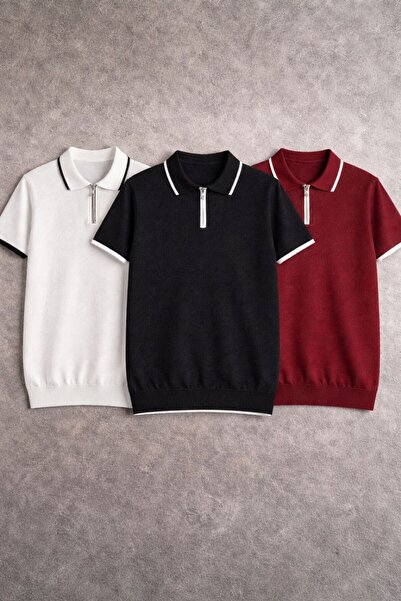 threeoff تي شيرت رجالي من سلسلة Elite بياقة بولو وسحاب، ملابس تريكو فاخرة، مج...