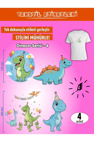 AGG Reklam Ütü Ile Yapışan Kıyafet Etiketi Dinozor Serisi -6 4Lü Set
