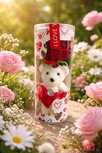 madewithlove Sevgiliye Özel Ayıcık & Yapay Gül Silindir Hediye Seti