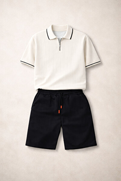 pepule Men's Ribbed Polo Collar Zippered Knitwear T-Shirt and Black Shorts Su...