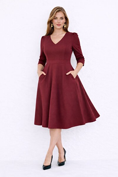 MAG FASHİON Plus Size Dress Burgundy V-Neck Pocketed Three Quarter Sleeve Mid...