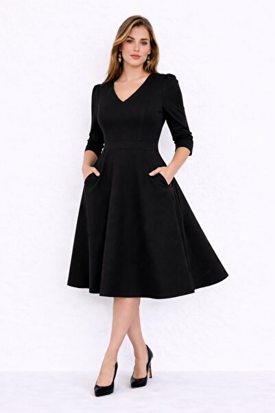 MAG FASHİON Plus Size Dress Black V-Neck Pocketed Three Quarter Sleeve Midi S...
