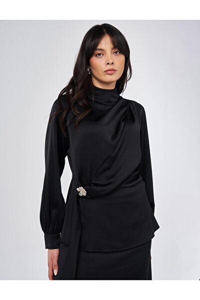 Kayra Stand Collar Satin Blouse Black