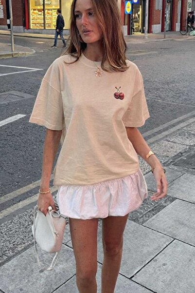 New Shine Tricou unisex bej cu imprimeu cireșe