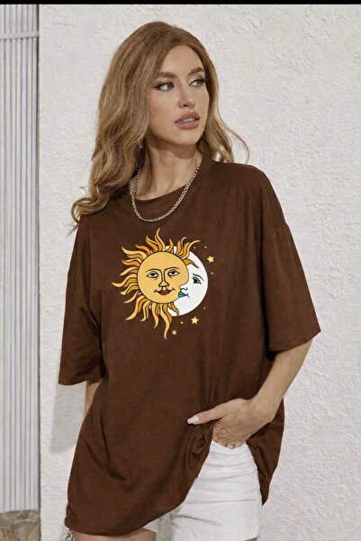 New Shine Sun Moon Printed Brown Unisex T-Shirt