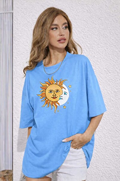 New Shine Sun Moon Printed Baby Blue Unisex T-Shirt