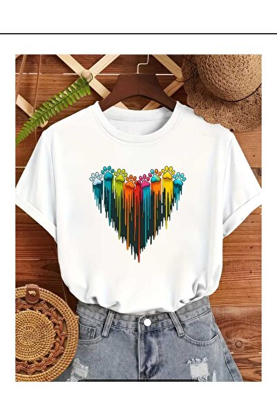 New Shine Λευκό μπλουζάκι Unisex με στάμπα καρδιάς με πατούσες