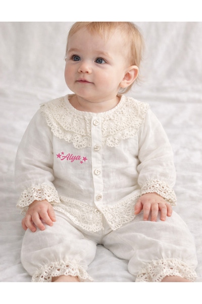 lupi Muslin Baby Girl Lace Top and Bottom Two-Piece Set