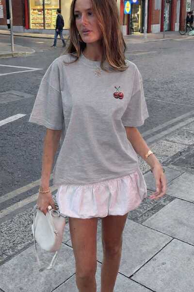 New Shine تي شيرت رمادي للجنسين مطبوع عليه الكرز