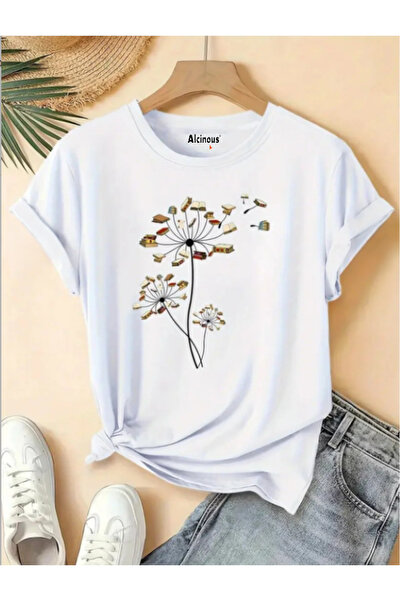 ALCİNOUS Printed Cotton Skirt Oval Crew Neck Women's T-Shirt