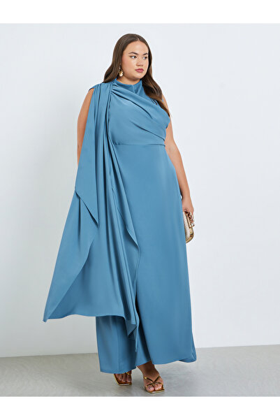 Styli Plus Size Blue Pleated A-Line Maxi Dress