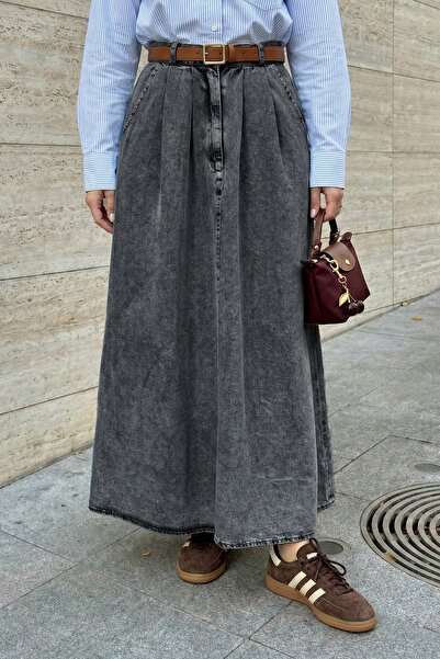 InStyle Double Pocket Flared Gray Denim Skirt