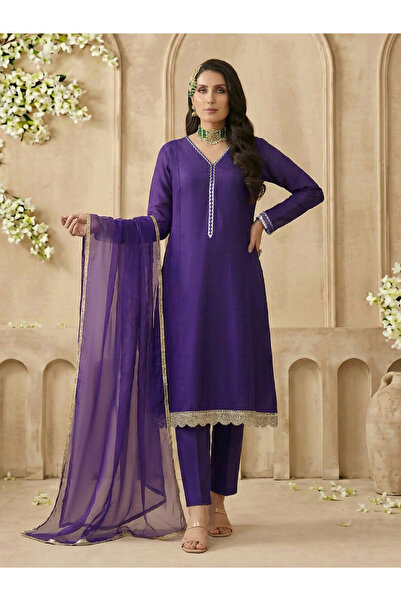 Globus By Styli Purple V-Neck Zari Embroidered Lace A-Line Kurta with Wide Le...