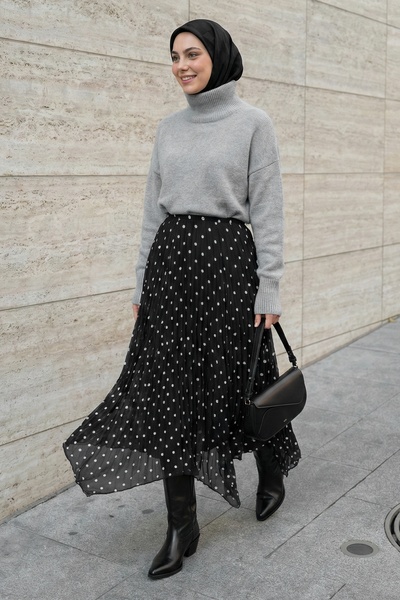 InStyle Polka Dot Pattern Asymmetrical Black Crinkled Chiffon Skirt