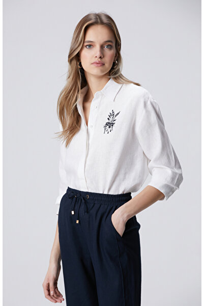 Network Beyaz Göğüs Nakış Detaylı Keten Gömlek