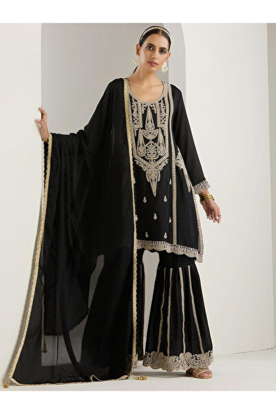 Ishin By Styli 3-Piece Chinon Zari Embroidered Kurta, Sharara and Tassel Dupa...