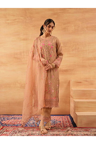 Ishin By Styli 3-Piece Brown Roman Silk Kurta, Pants and Dupatta Set