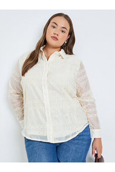 Styli Plus Size White Floral Embroidered Shirts
