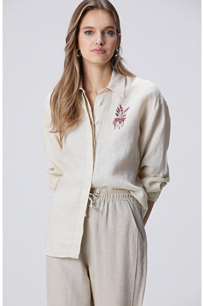Network Bej Göğüs Nakış Detaylı Keten Gömlek