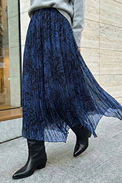 InStyle Zebra Pattern Asymmetrical Blue Crinkled Chiffon Skirt