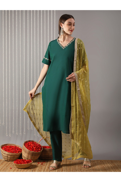 Globus By Styli Women Green Embroidered Straight Kurta with Pant and Dupatta Set