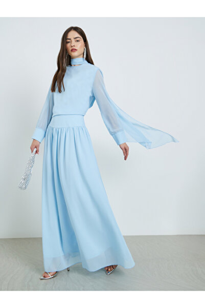 Styli Blue Chiffon Tie-Detail Blouse and Skirt Co-Ords