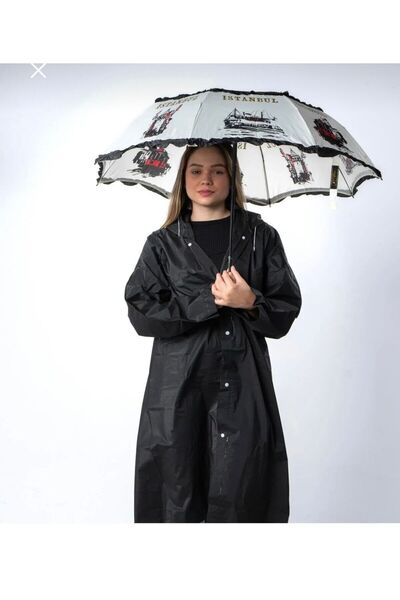 Yuchicly İstanbul Figürlü Siyah Kadın Şemsiye – Desenli Şık Tasarım