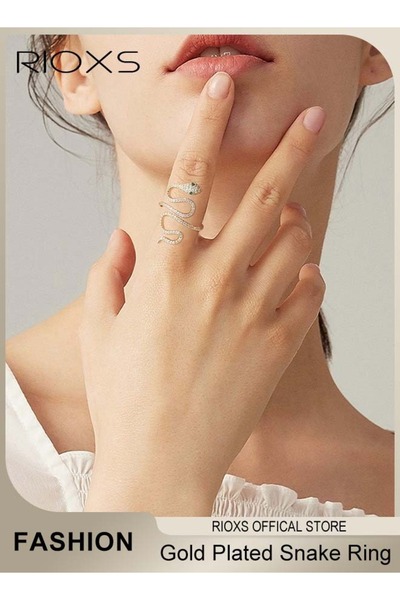 RIOXS Unisex Ring, Gold-Plated Snake-Shaped Zirconia Open-Closing Design, Adj...