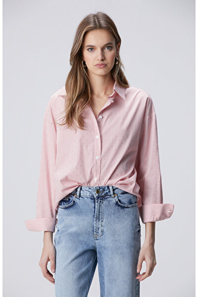 Network Kırmızı Beyaz Çizgili Taş Baskılı Gömlek