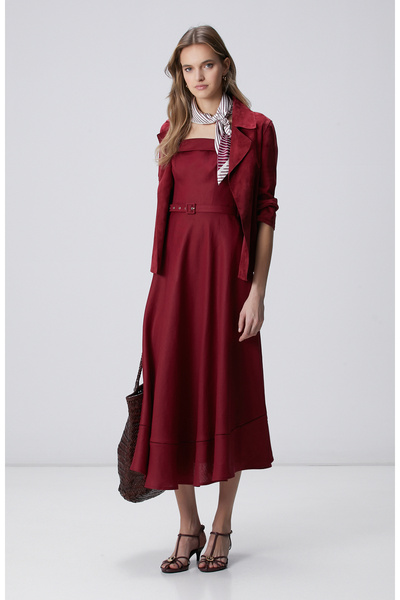 Network Vişne Midi Keten Elbise