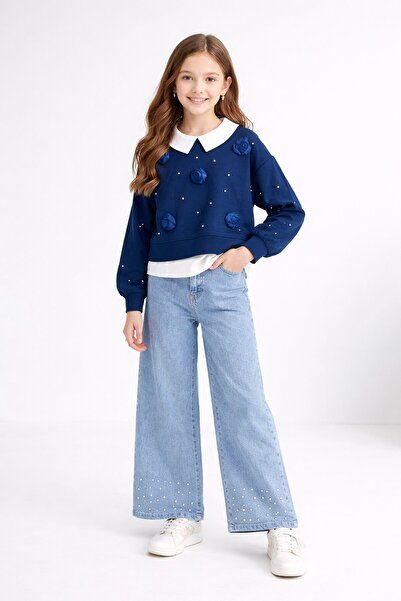 Cansın Mini Navy Blue Pearl Embroidered Girl's Shirt Set with Badge and Jean ...