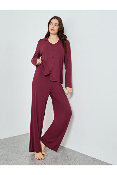Styli Burgundy Viscose Knit Shirt and Pyjama Set