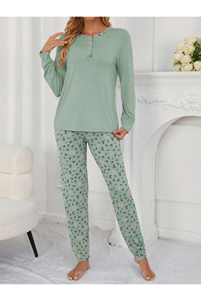 Take Two By Styli Green Solid T-Shirt and Printed Pyjama Set