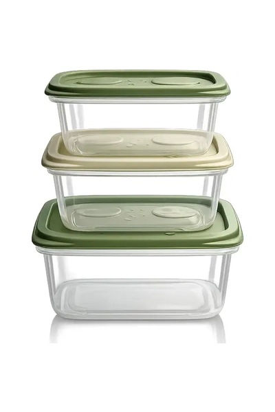 Thirty Three Design Set of 3 transparent casseroles with green lid, rectangul...