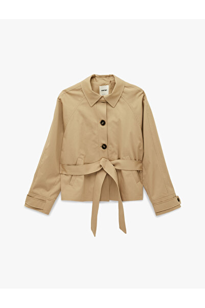 Koton Uzun Kollu Düğmeli Cepli Kemerli Kısa Gabardin Trençkot