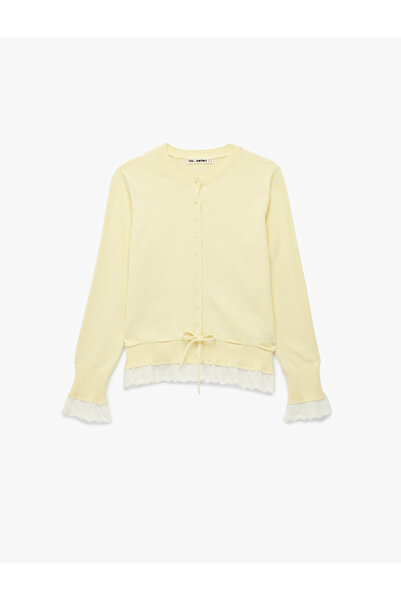 Koton Cotton Long Sleeve Crew Neck Ruffle Detailed Buttoned Knitwear Cardigan