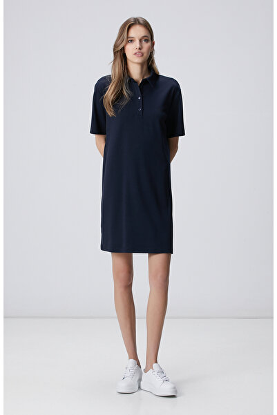 Network Lacivert Polo Yaka Yırtmaç Detaylı Örme Elbise