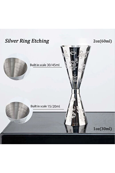 Choice9 كوب قياس مزدوج من الفولاذ المقاوم للصدأ بنقش فضي، مثالي لتحضير الكوكت...
