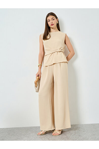 Styli Beige Waist Ruched Sleeveless Top and Wide Leg Pants Co-Ords